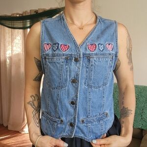 Vintage Denim Button Up Vest With Embroidered Details Size Medium
